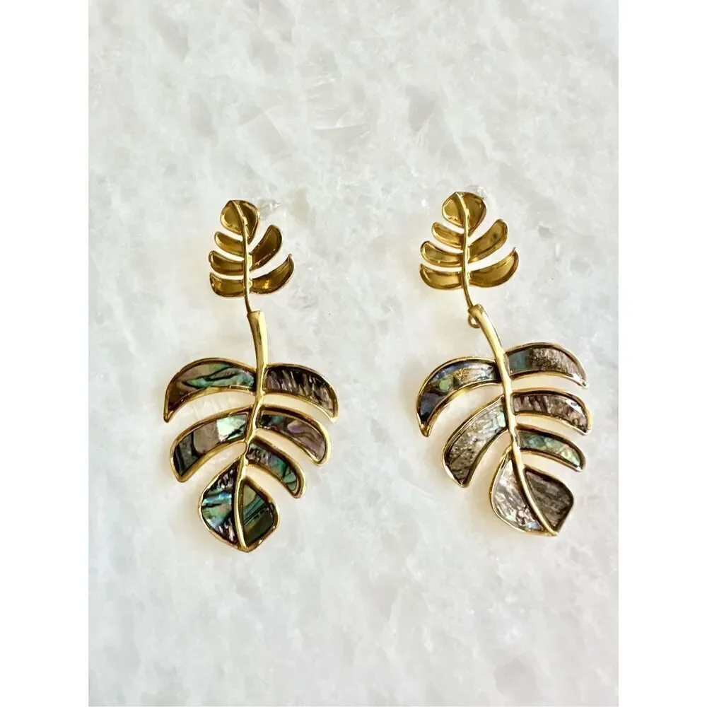 Tropical leaf dangle earrings with abalone seashell detail
